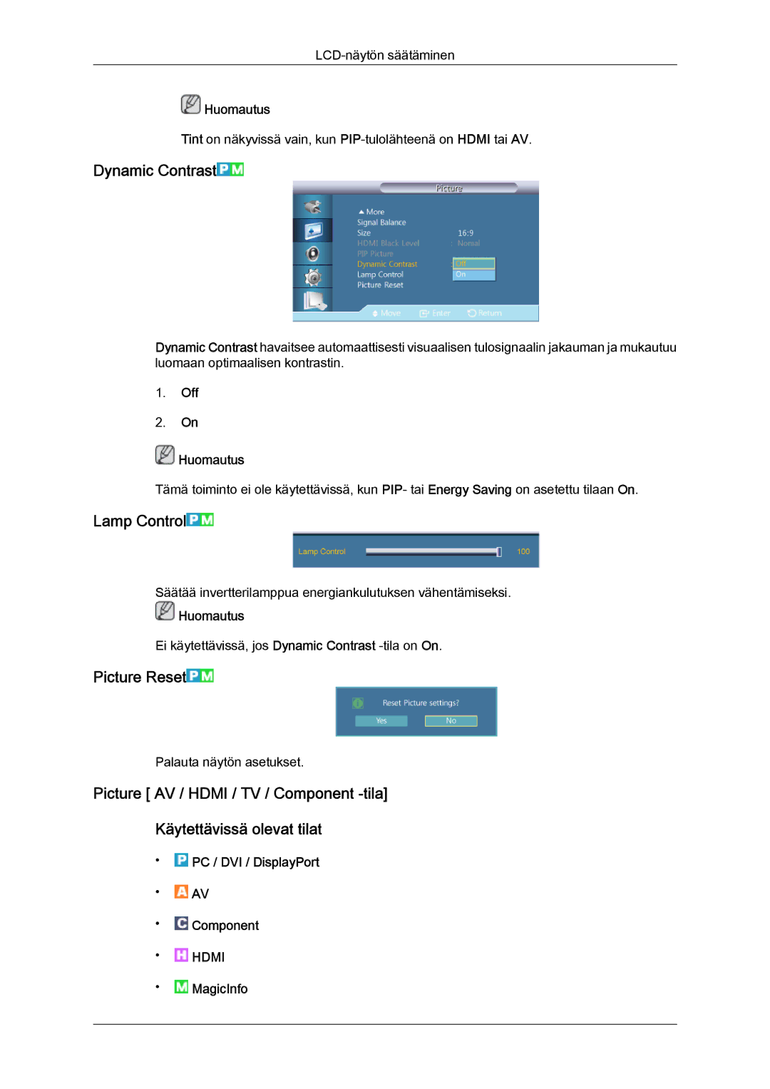 Samsung LH46HBPLBC/EN, LH40HBPLBC/EN manual Dynamic Contrast, Lamp Control, Picture Reset, Off Huomautus, MagicInfo 