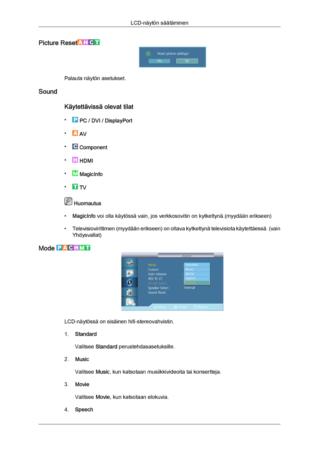 Samsung LH46HBPLBC/EN, LH40HBPLBC/EN manual Sound Käytettävissä olevat tilat, Music, Speech 