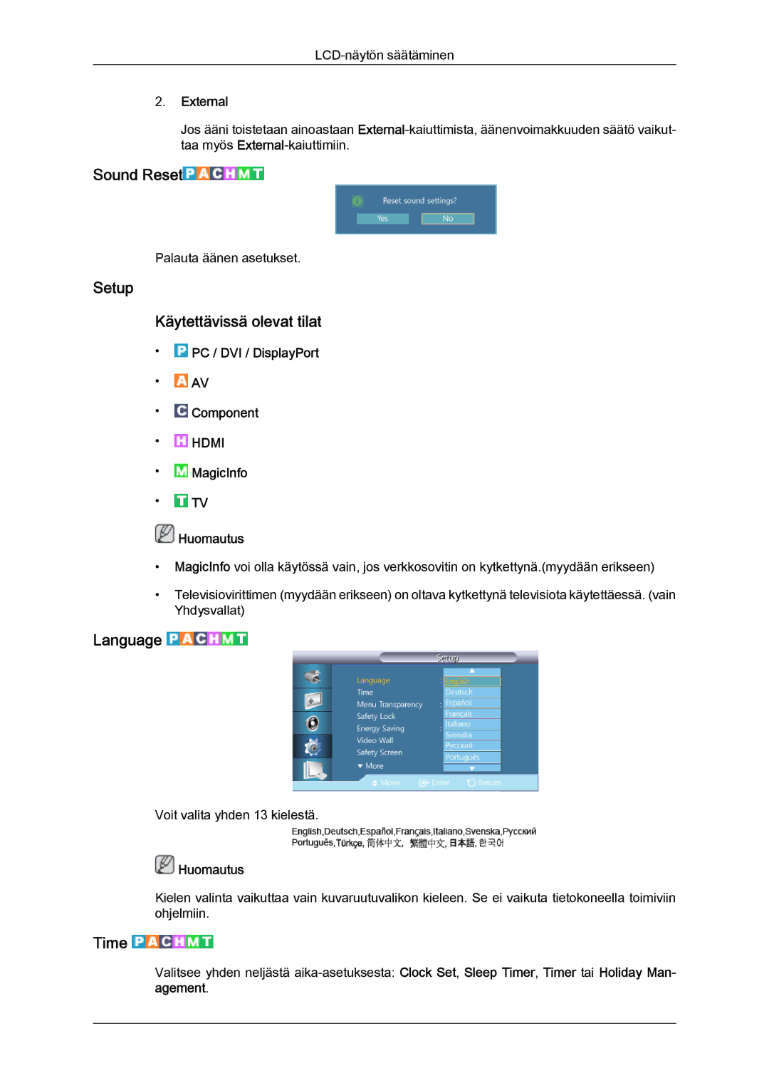 Samsung LH40HBPLBC/EN, LH46HBPLBC/EN manual Sound Reset, Setup Käytettävissä olevat tilat, Language, Time, External 