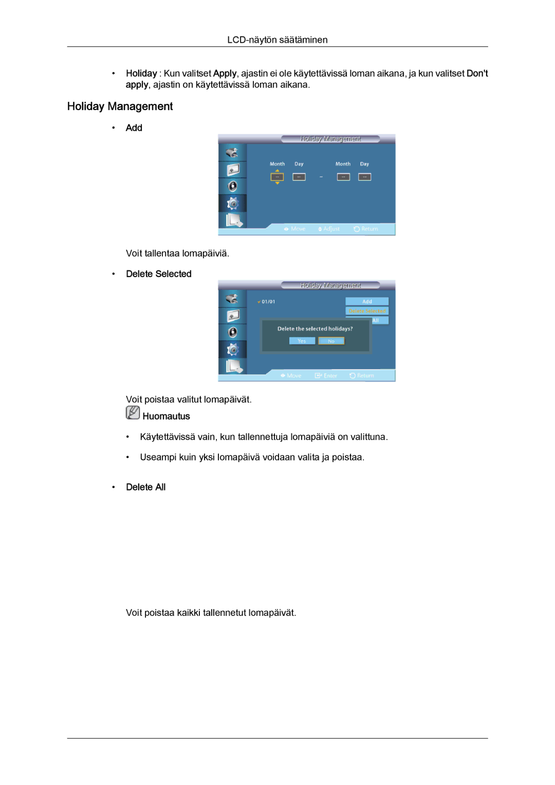 Samsung LH40HBPLBC/EN, LH46HBPLBC/EN manual Holiday Management, Add, Delete Selected, Delete All 