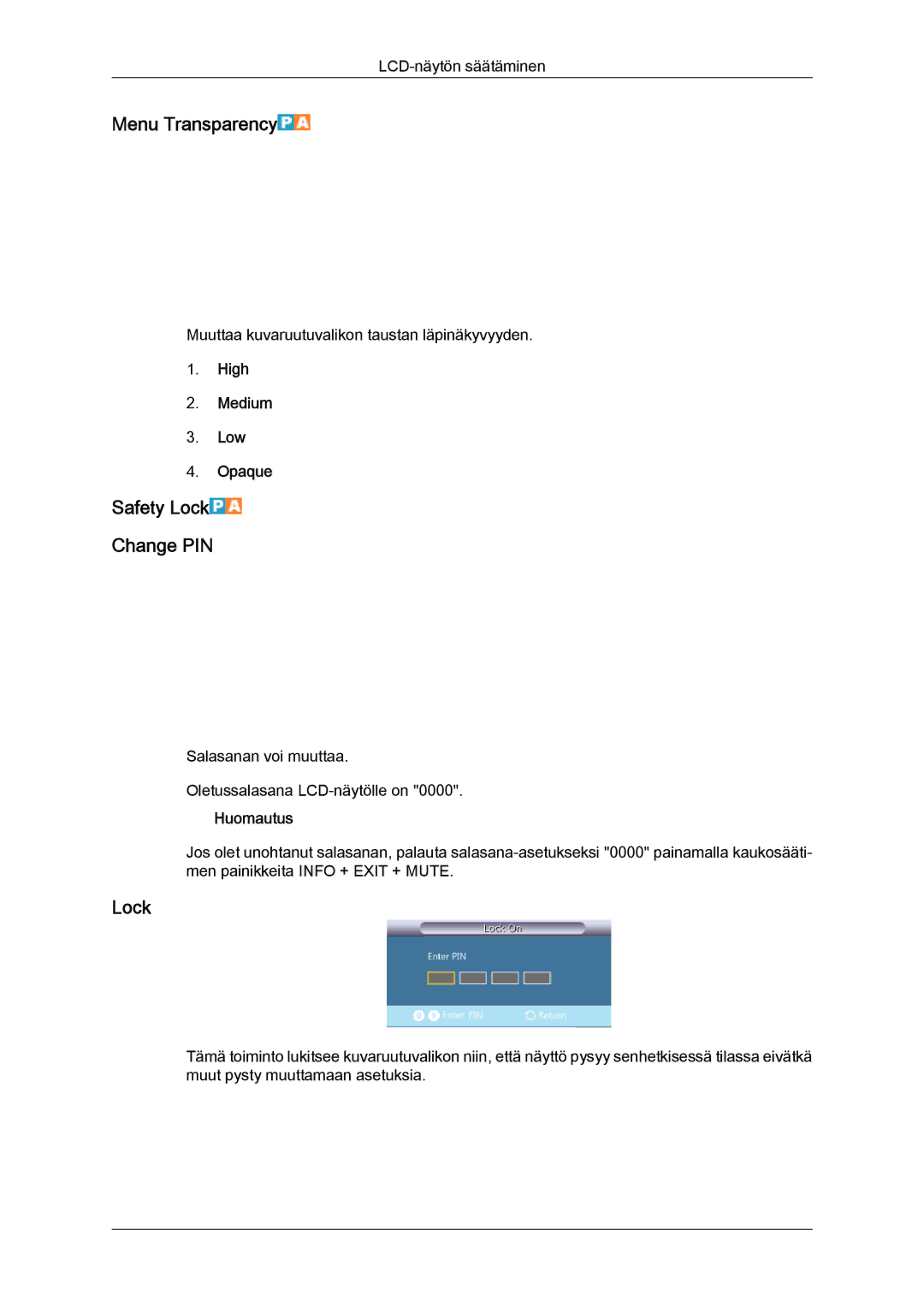 Samsung LH46HBPLBC/EN, LH40HBPLBC/EN manual Menu Transparency, Safety Lock Change PIN 