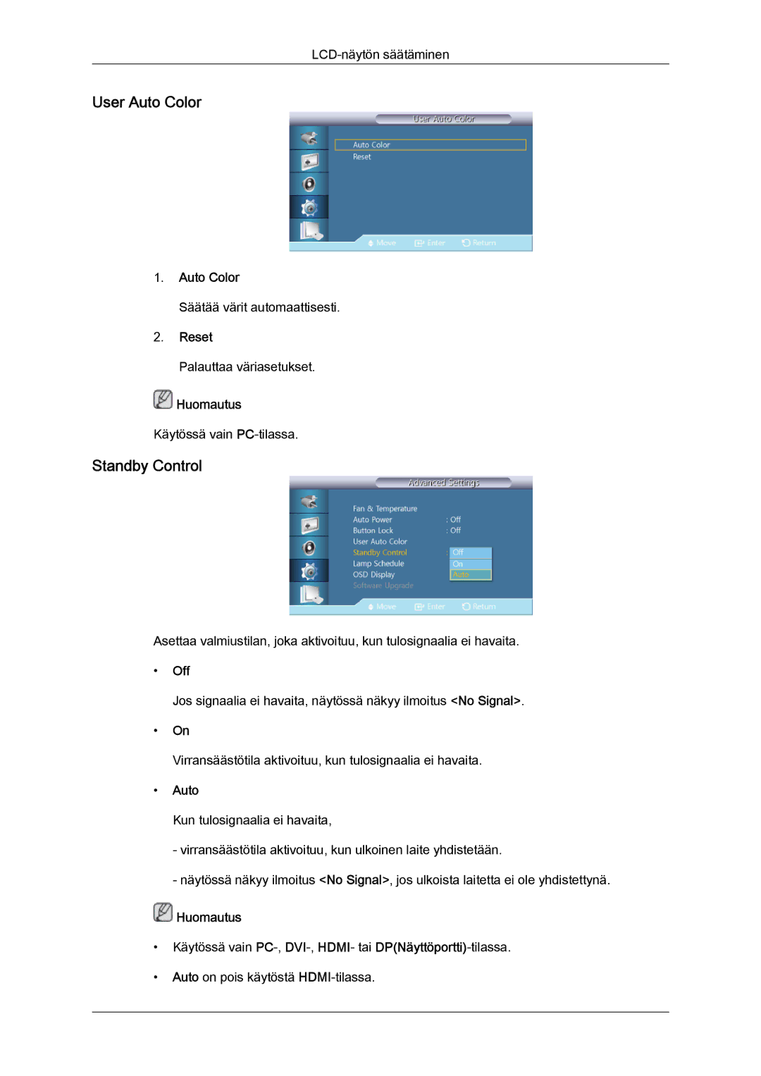 Samsung LH46HBPLBC/EN, LH40HBPLBC/EN manual User Auto Color, Standby Control, Reset 