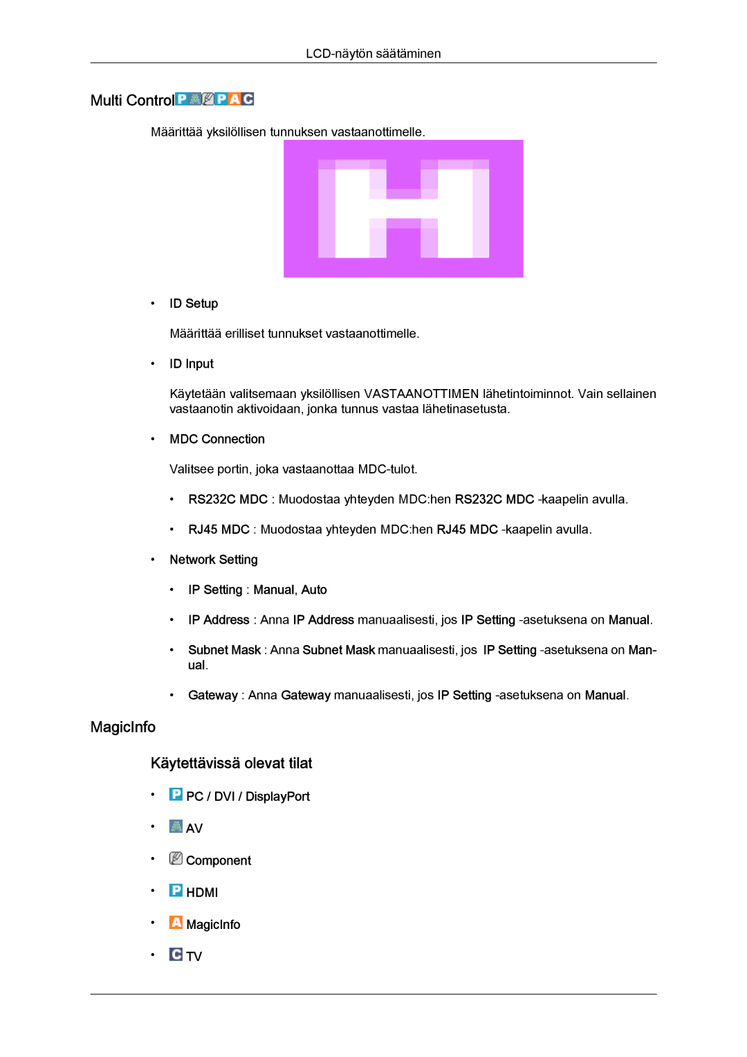 Samsung LH46HBPLBC/EN, LH40HBPLBC/EN manual Multi Control, MagicInfo Käytettävissä olevat tilat 