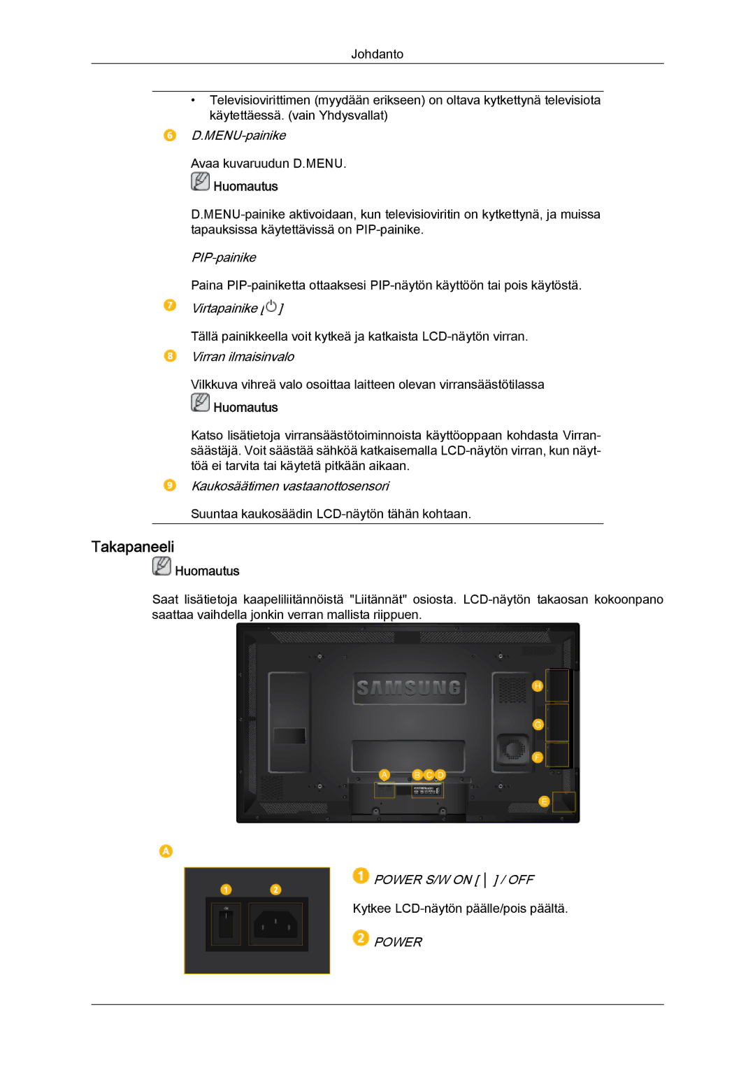 Samsung LH40HBPLBC/EN, LH46HBPLBC/EN manual Takapaneeli 