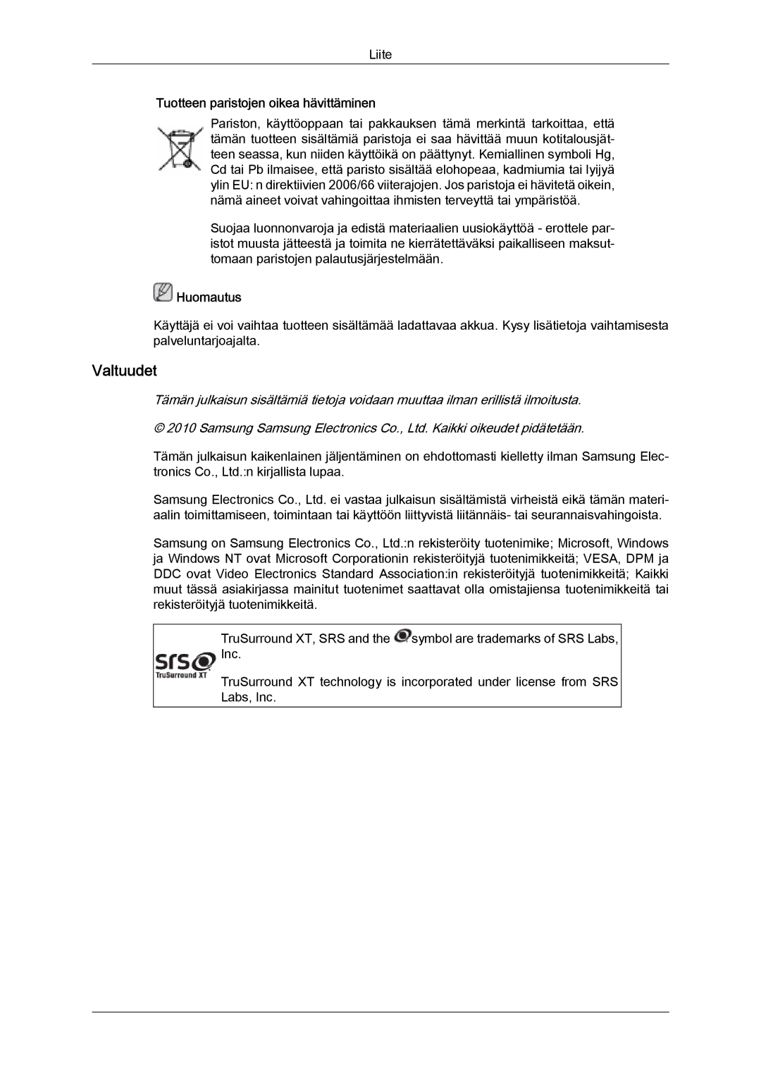 Samsung LH40HBPLBC/EN, LH46HBPLBC/EN manual Valtuudet, Tuotteen paristojen oikea hävittäminen 