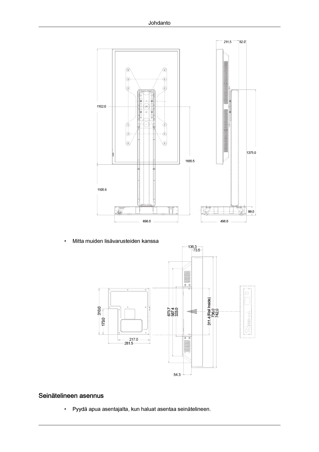 Samsung LH46HBPLBC/EN, LH40HBPLBC/EN manual Seinätelineen asennus 