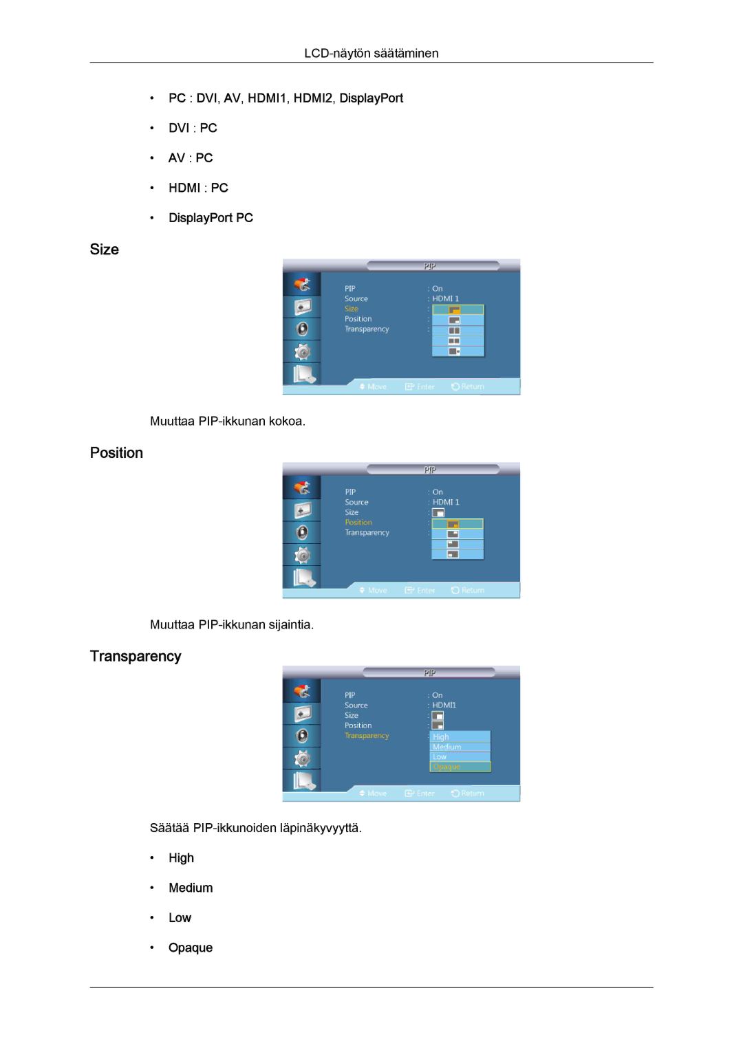 Samsung LH40HBPLBC/EN, LH46HBPLBC/EN manual Size, Position, Transparency 