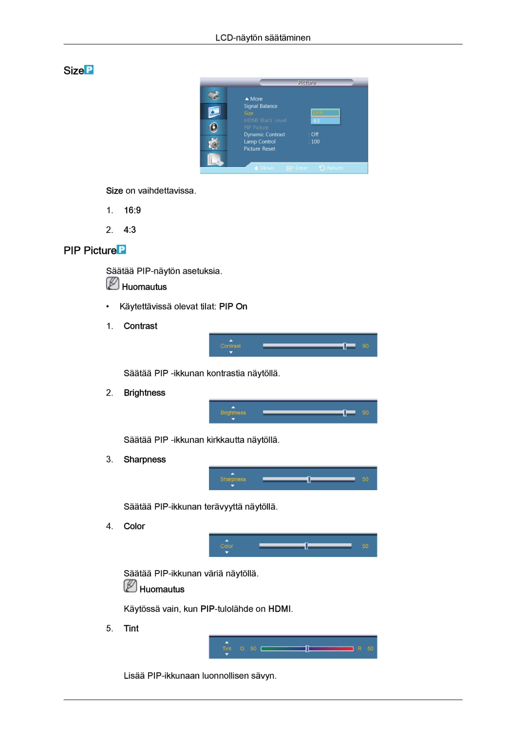 Samsung LH40HBPLBC/EN, LH46HBPLBC/EN manual PIP Picture, Color, Tint 