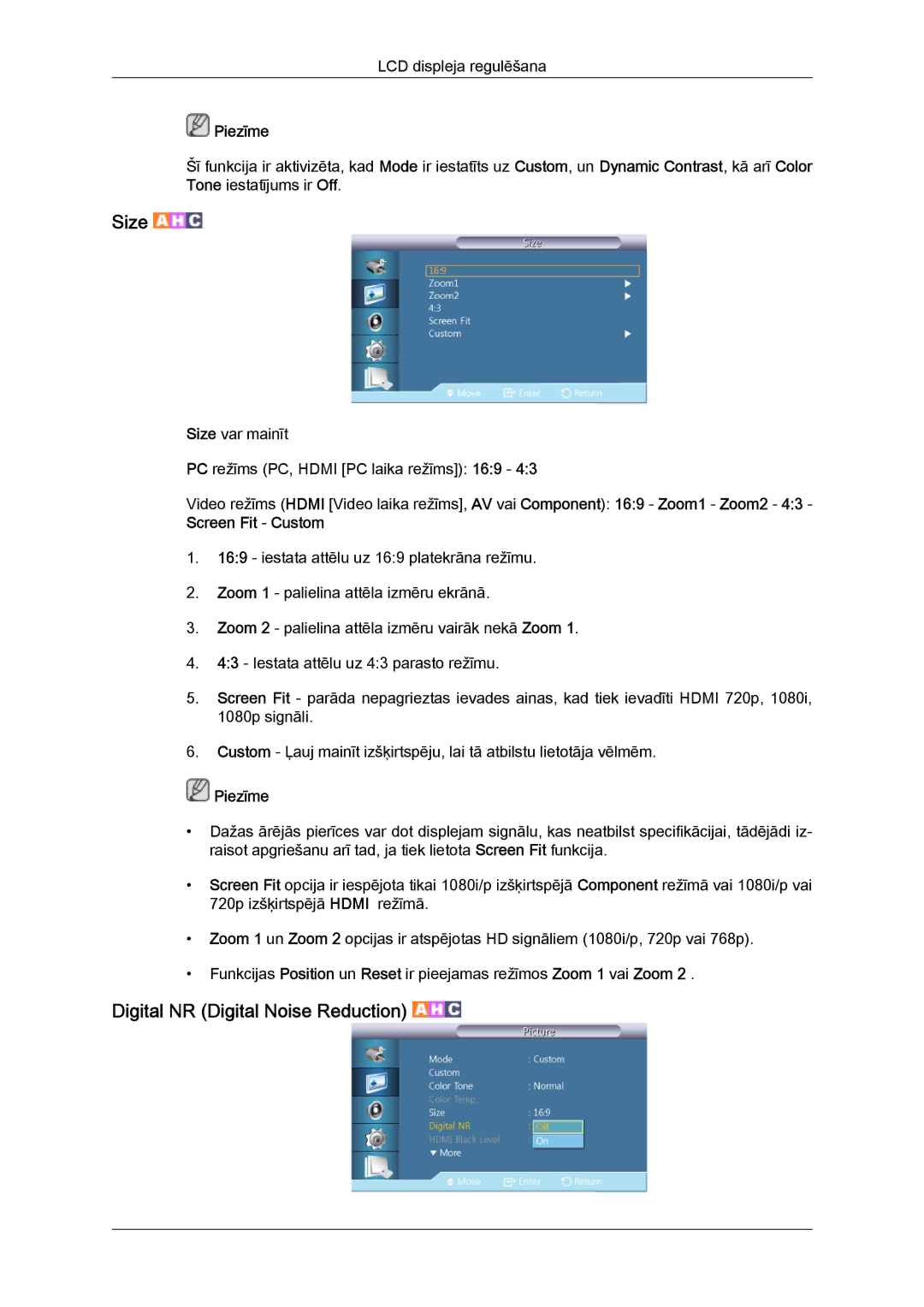 Samsung LH46HBPLBC/EN, LH40HBPLBC/EN manual Size, Digital NR Digital Noise Reduction 