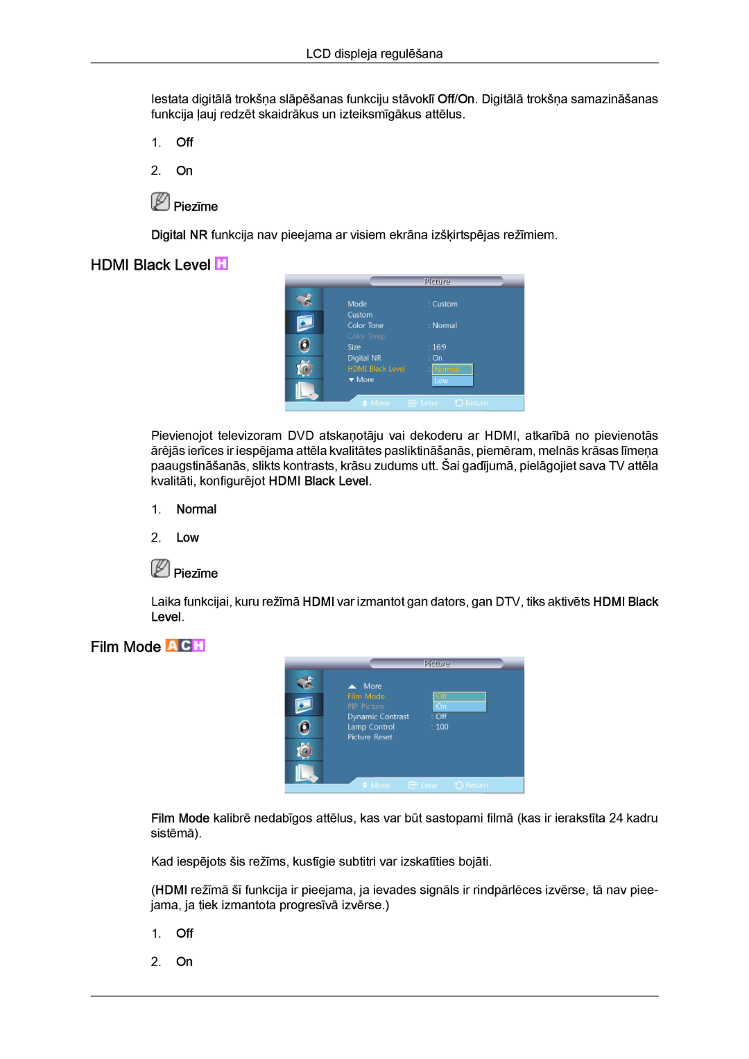 Samsung LH40HBPLBC/EN, LH46HBPLBC/EN manual Hdmi Black Level, Film Mode, Normal Low Piezīme 