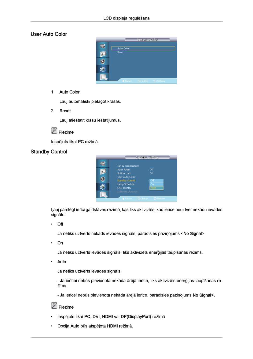 Samsung LH40HBPLBC/EN, LH46HBPLBC/EN manual User Auto Color, Standby Control, Reset 