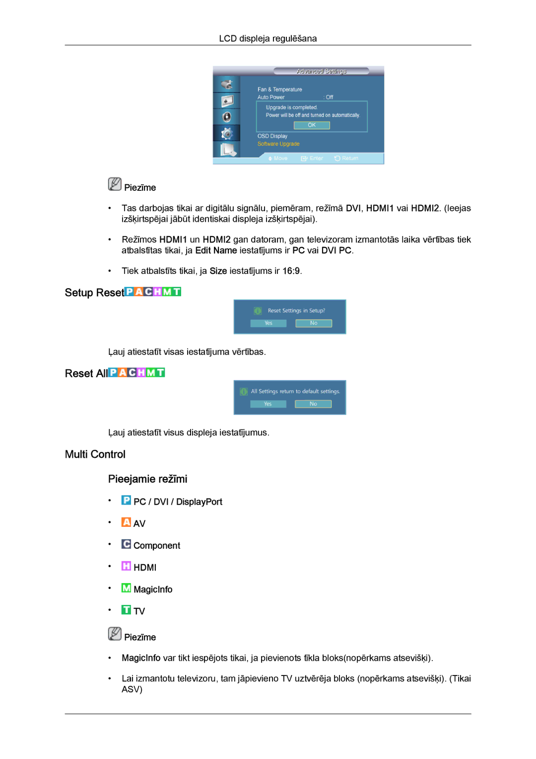 Samsung LH46HBPLBC/EN, LH40HBPLBC/EN manual Setup Reset, Reset All, Multi Control Pieejamie režīmi 