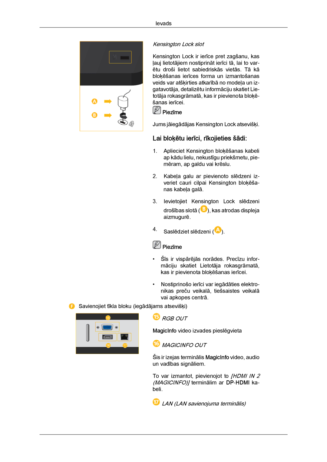 Samsung LH40HBPLBC/EN, LH46HBPLBC/EN manual Lai bloķētu ierīci, rīkojieties šādi, Kensington Lock slot 