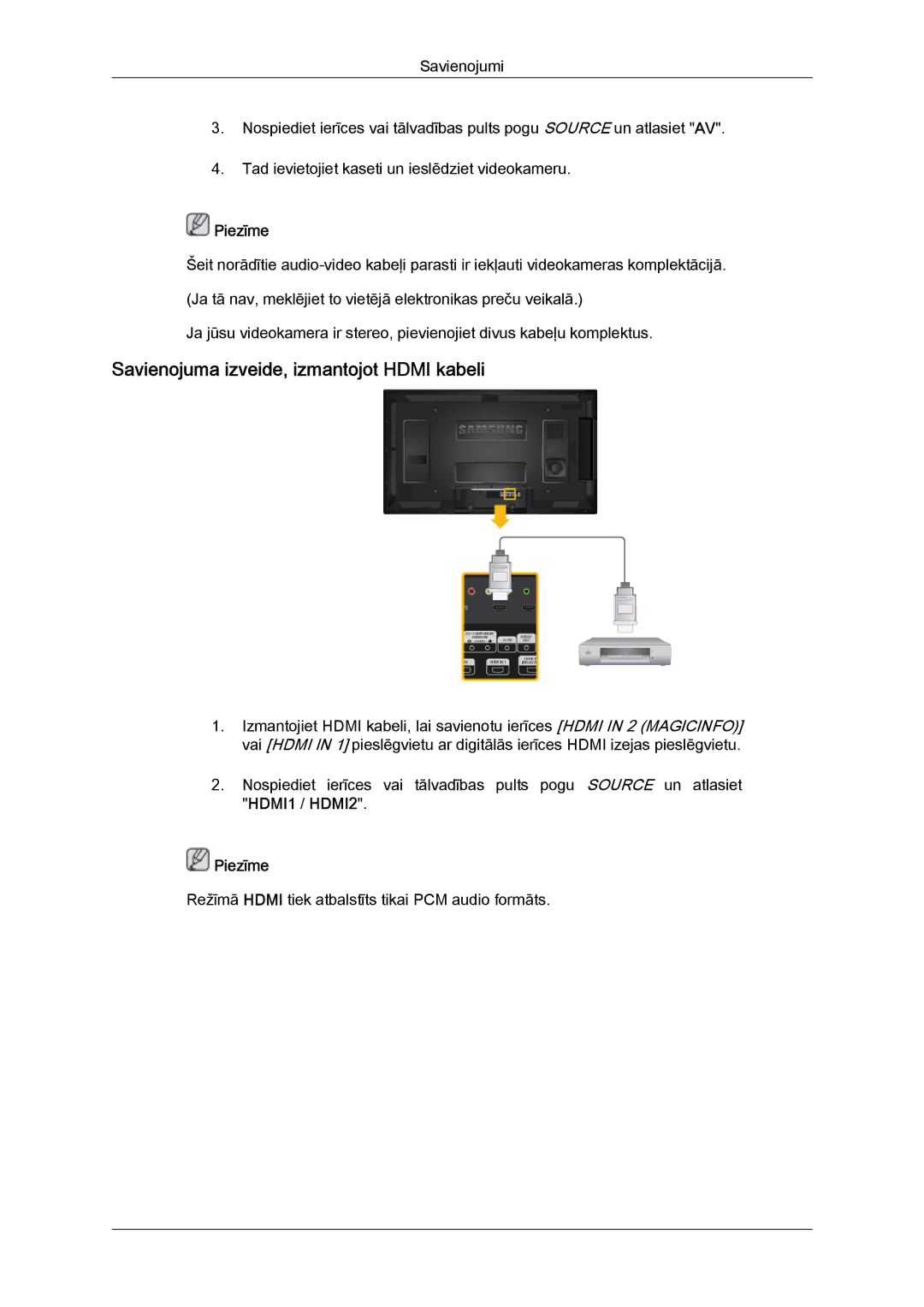 Samsung LH40HBPLBC/EN, LH46HBPLBC/EN manual Savienojuma izveide, izmantojot Hdmi kabeli 