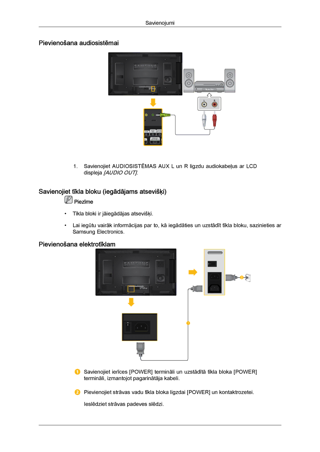 Samsung LH46HBPLBC/EN Pievienošana audiosistēmai, Savienojiet tīkla bloku iegādājams atsevišķi, Pievienošana elektrotīklam 