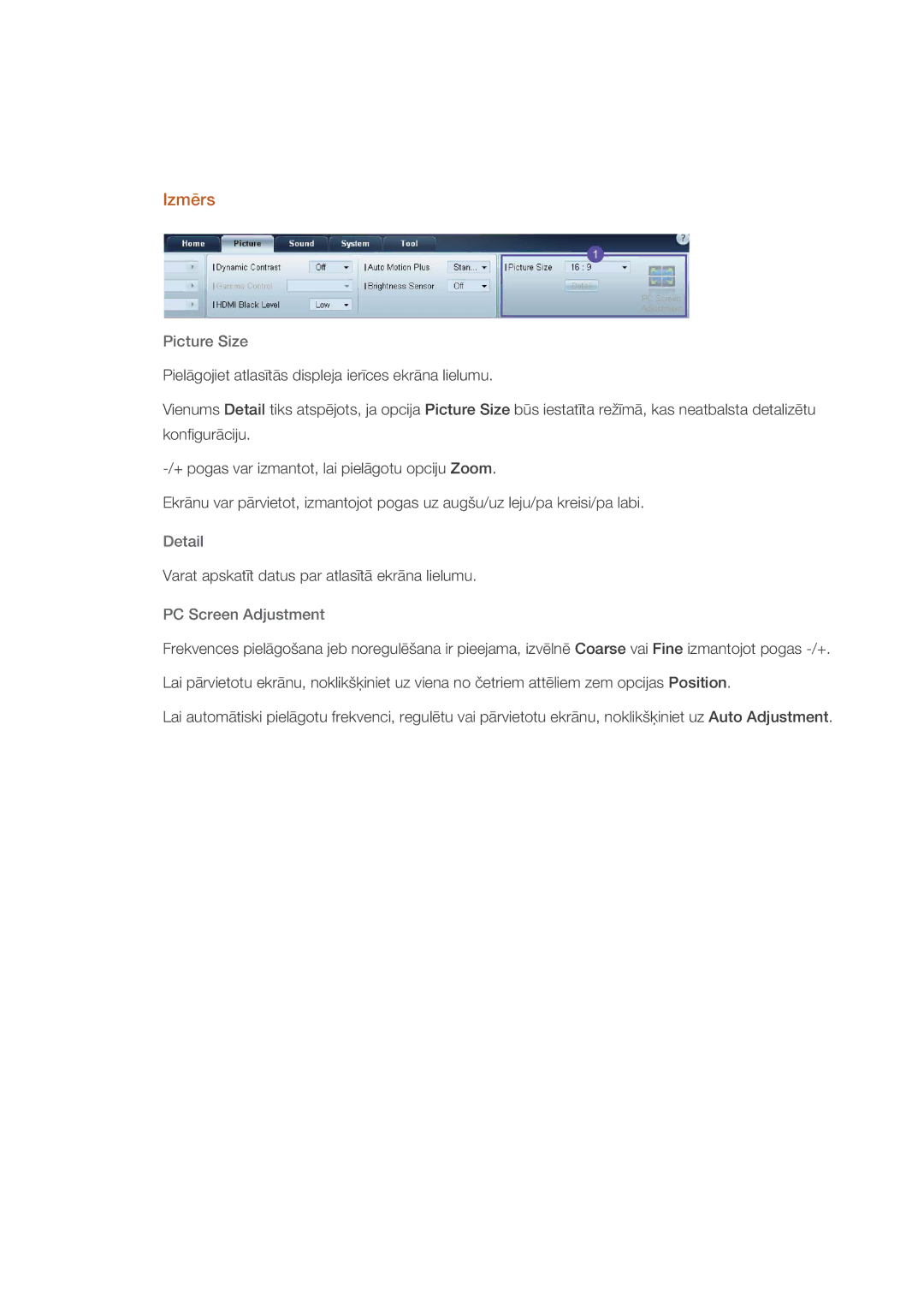 Samsung LH40HBPLBC/EN, LH46HBPLBC/EN manual Izmērs, Picture Size, Detail, PC Screen Adjustment 