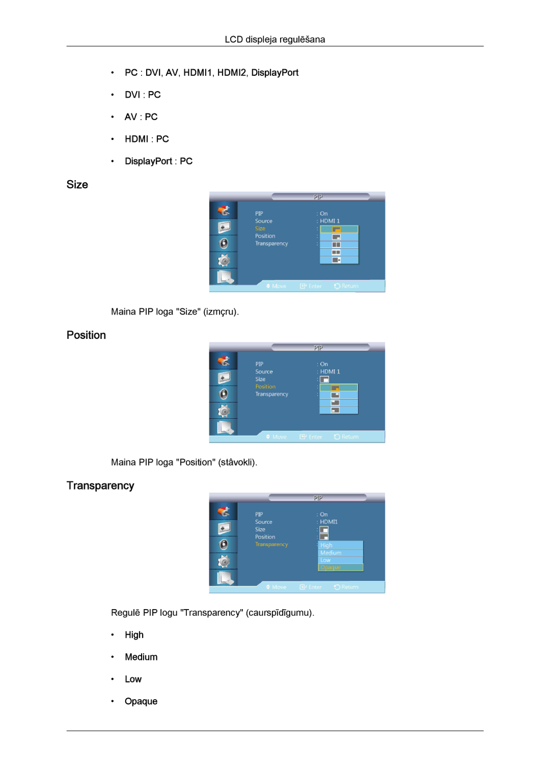 Samsung LH46HBPLBC/EN, LH40HBPLBC/EN manual Size, Position, Transparency 