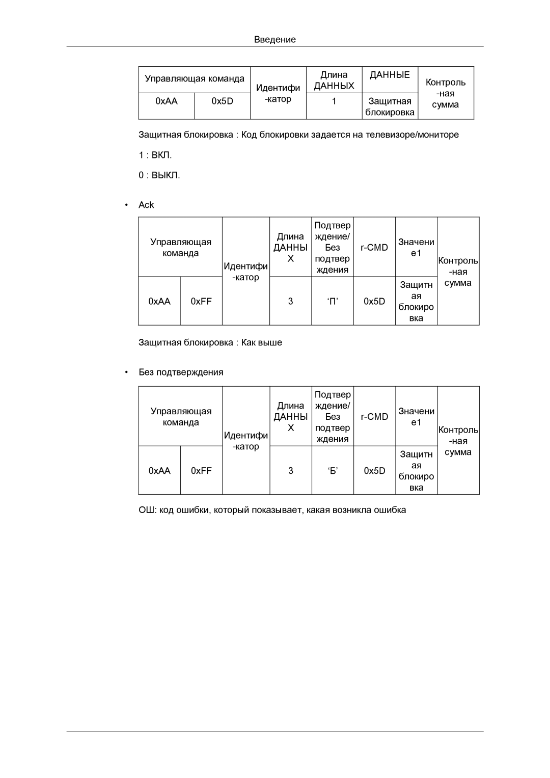 Samsung LH46HBPLBC/EN, LH40HBPLBC/EN manual Введение Управляющая команда Идентифи 0xAA 0x5D Катор Длина 