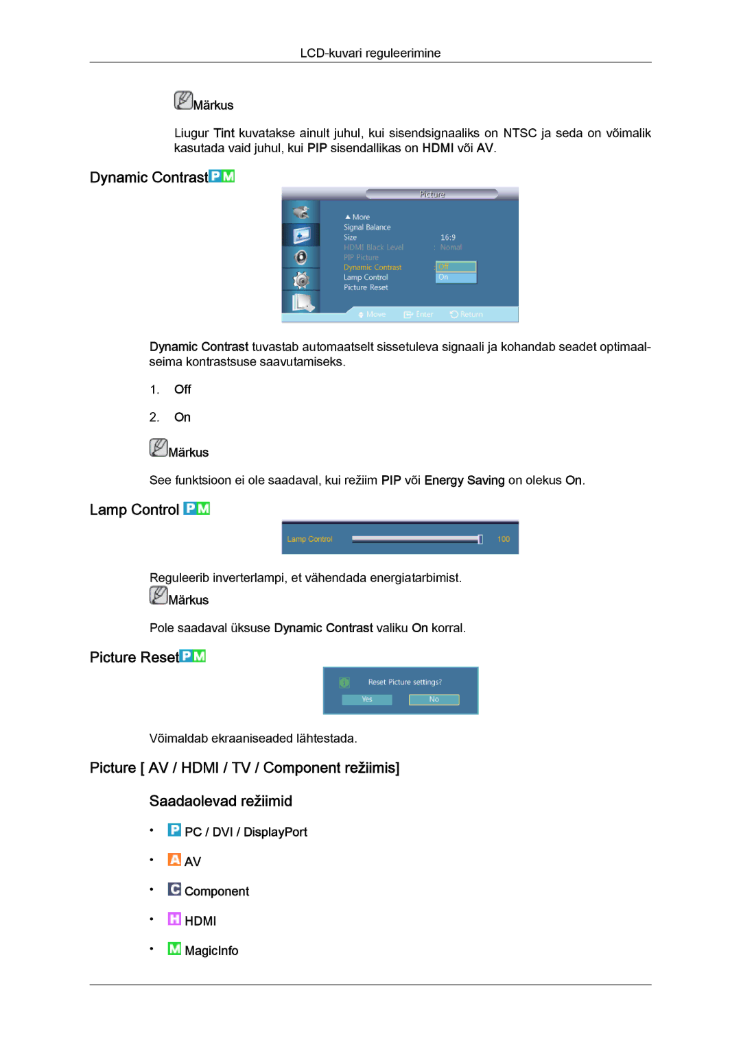 Samsung LH40HBPLBC/EN, LH46HBPLBC/EN manual Dynamic Contrast, Lamp Control, Picture Reset, Off Märkus, MagicInfo 