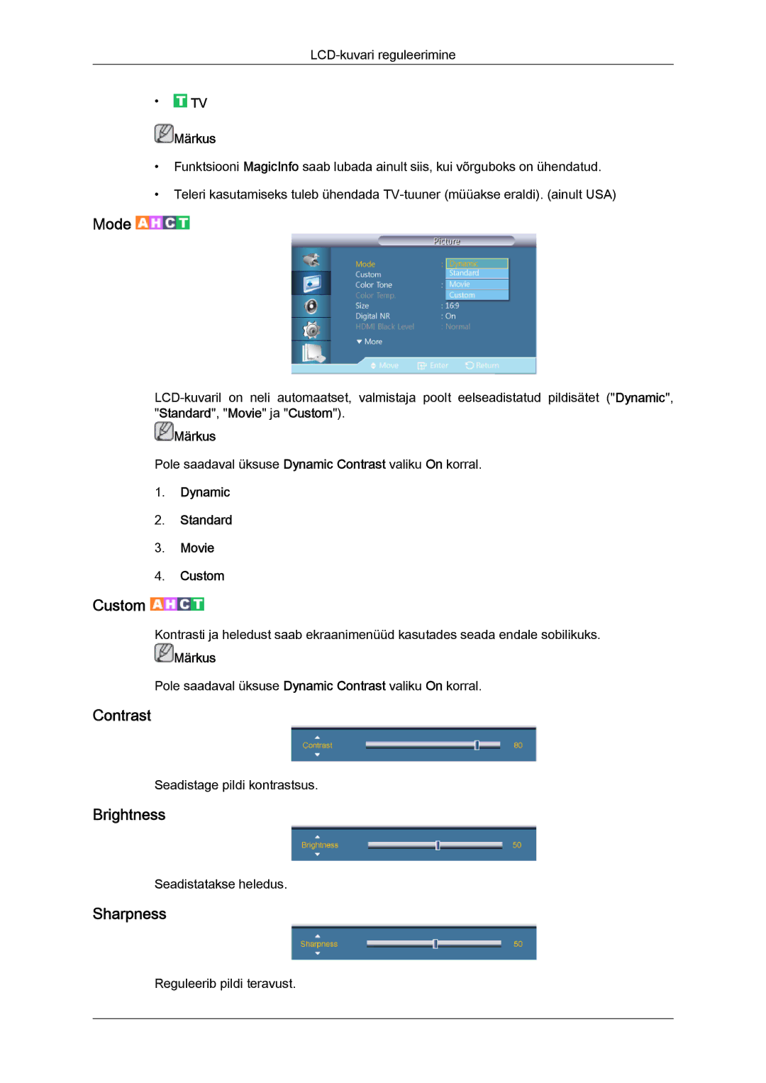 Samsung LH46HBPLBC/EN, LH40HBPLBC/EN manual Contrast, Brightness, Sharpness, Dynamic Standard Movie Custom 