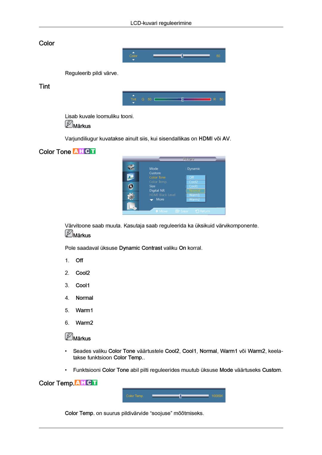 Samsung LH40HBPLBC/EN, LH46HBPLBC/EN manual Color, Tint, Off Cool2 Cool1 Normal Warm1 Warm2 Märkus 