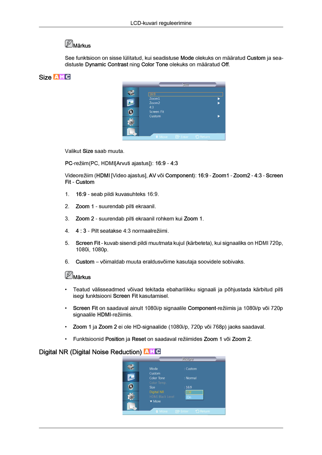 Samsung LH46HBPLBC/EN, LH40HBPLBC/EN manual Size, Digital NR Digital Noise Reduction 