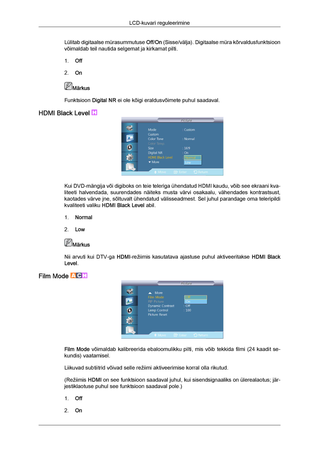 Samsung LH40HBPLBC/EN, LH46HBPLBC/EN manual Hdmi Black Level, Film Mode, Normal Low Märkus 