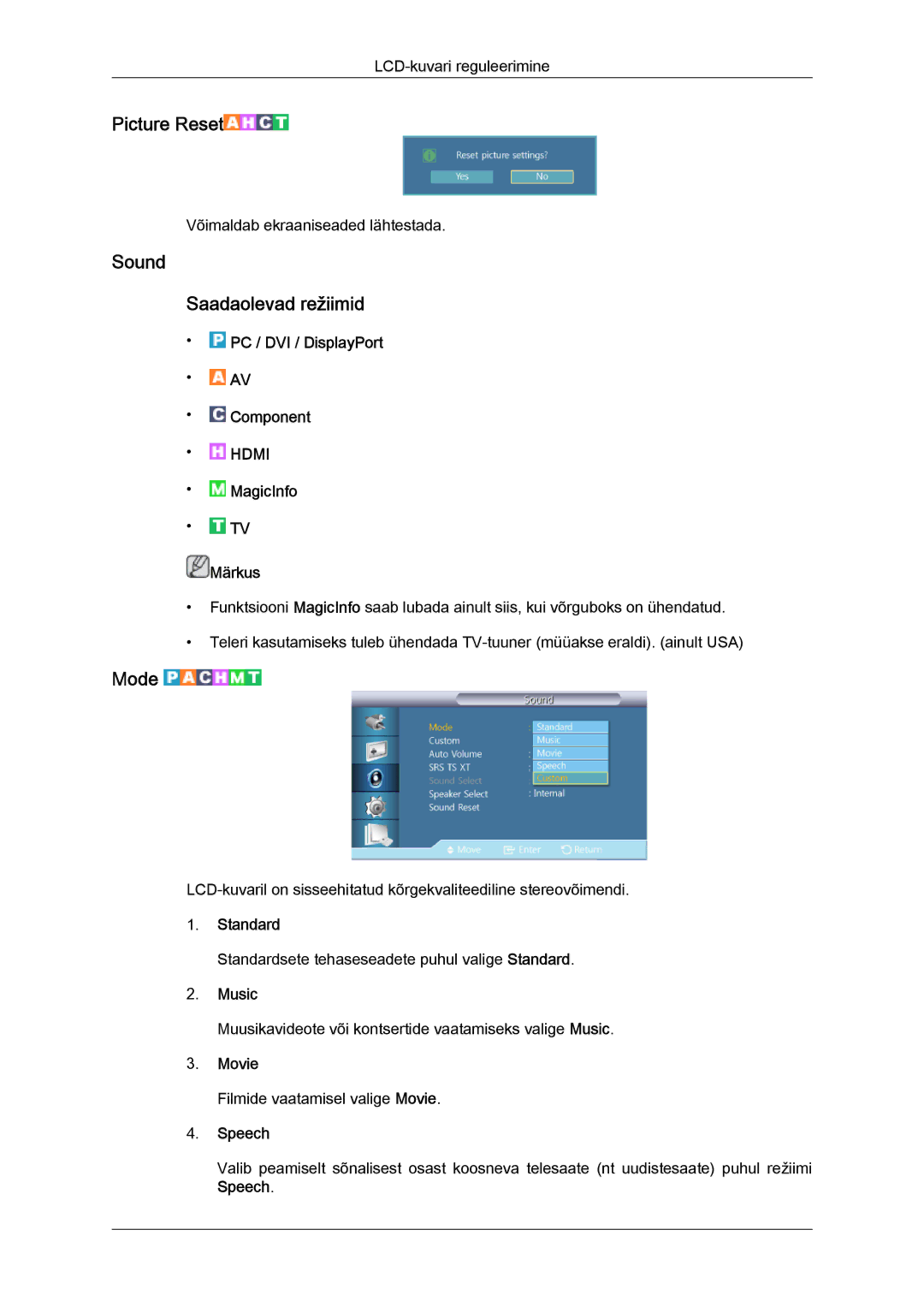 Samsung LH40HBPLBC/EN, LH46HBPLBC/EN manual Sound Saadaolevad režiimid, Music, Speech 