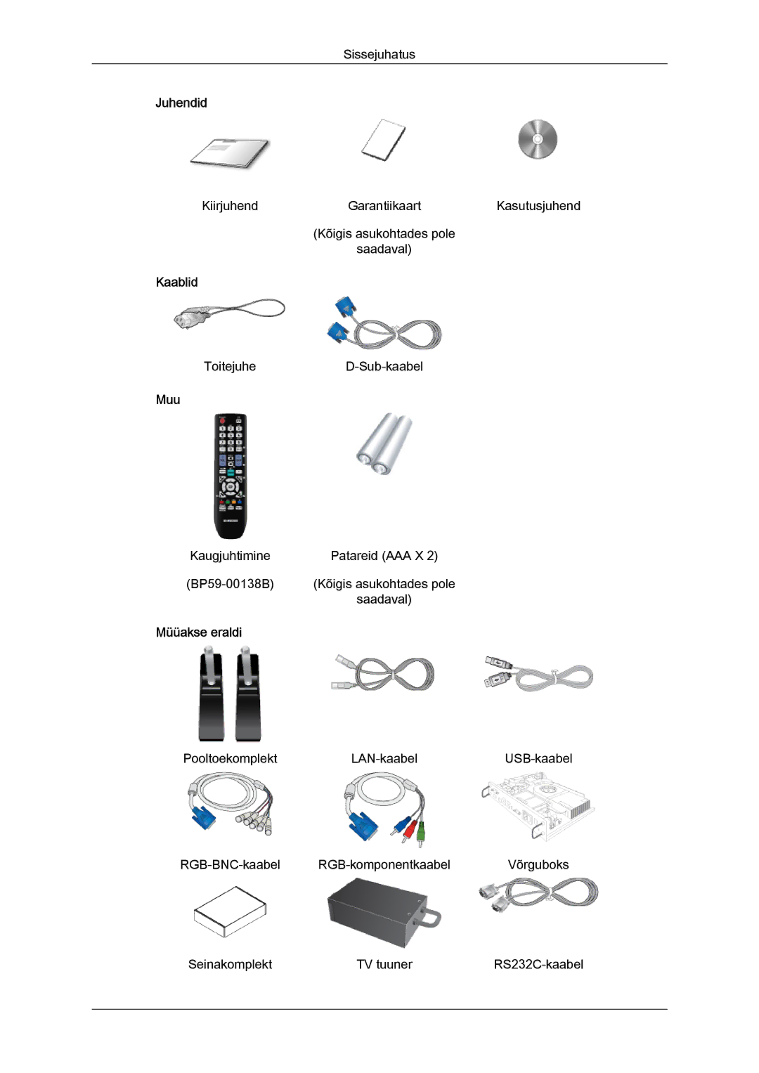 Samsung LH40HBPLBC/EN, LH46HBPLBC/EN manual Juhendid, Kaablid, Muu, Müüakse eraldi 