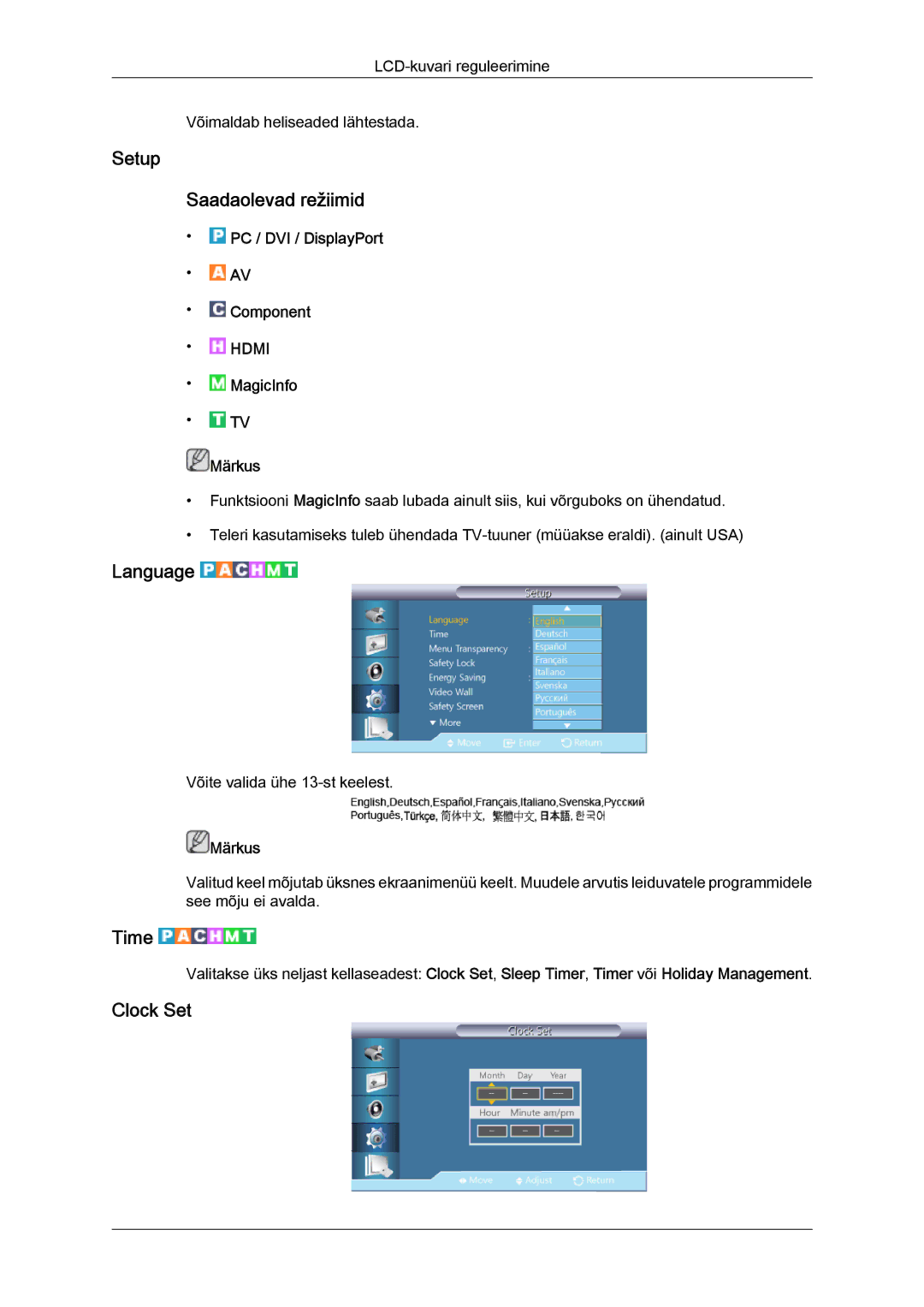 Samsung LH46HBPLBC/EN, LH40HBPLBC/EN manual Setup Saadaolevad režiimid, Language, Time, Clock Set 