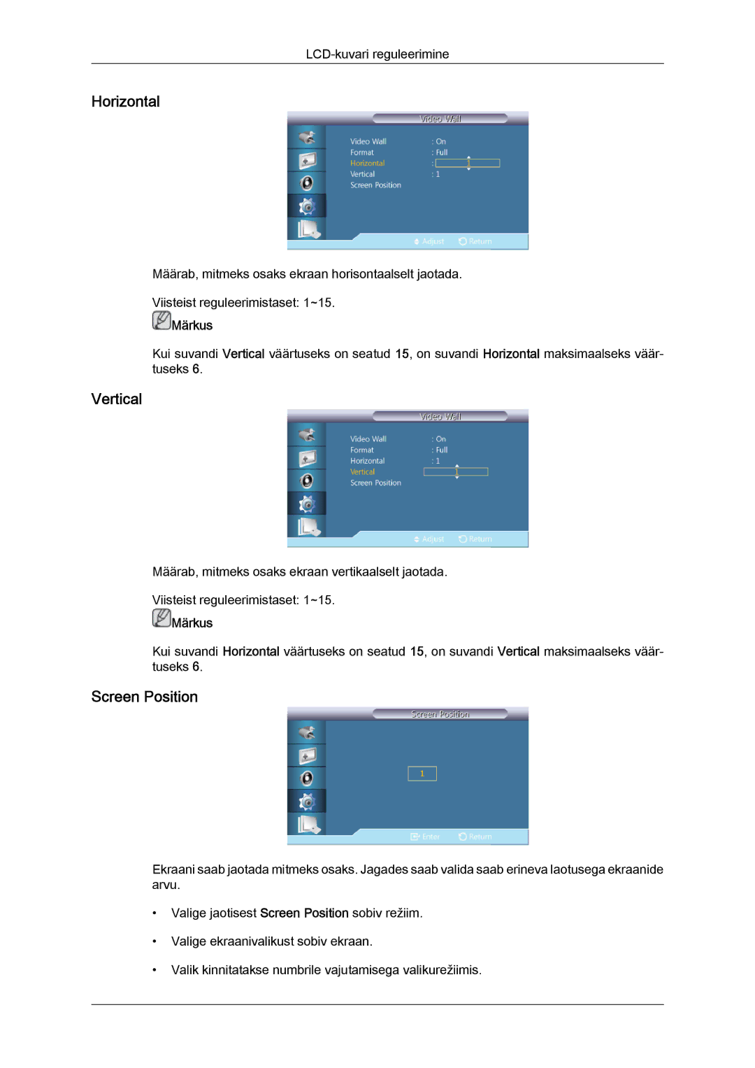 Samsung LH40HBPLBC/EN, LH46HBPLBC/EN manual Horizontal, Vertical, Screen Position 