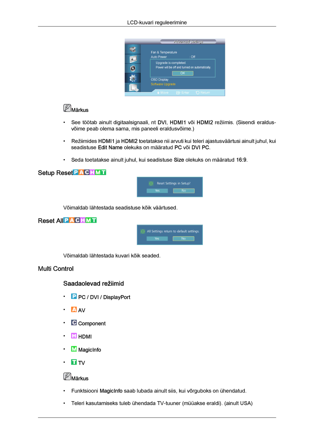 Samsung LH46HBPLBC/EN, LH40HBPLBC/EN manual Setup Reset, Reset All, Multi Control Saadaolevad režiimid 