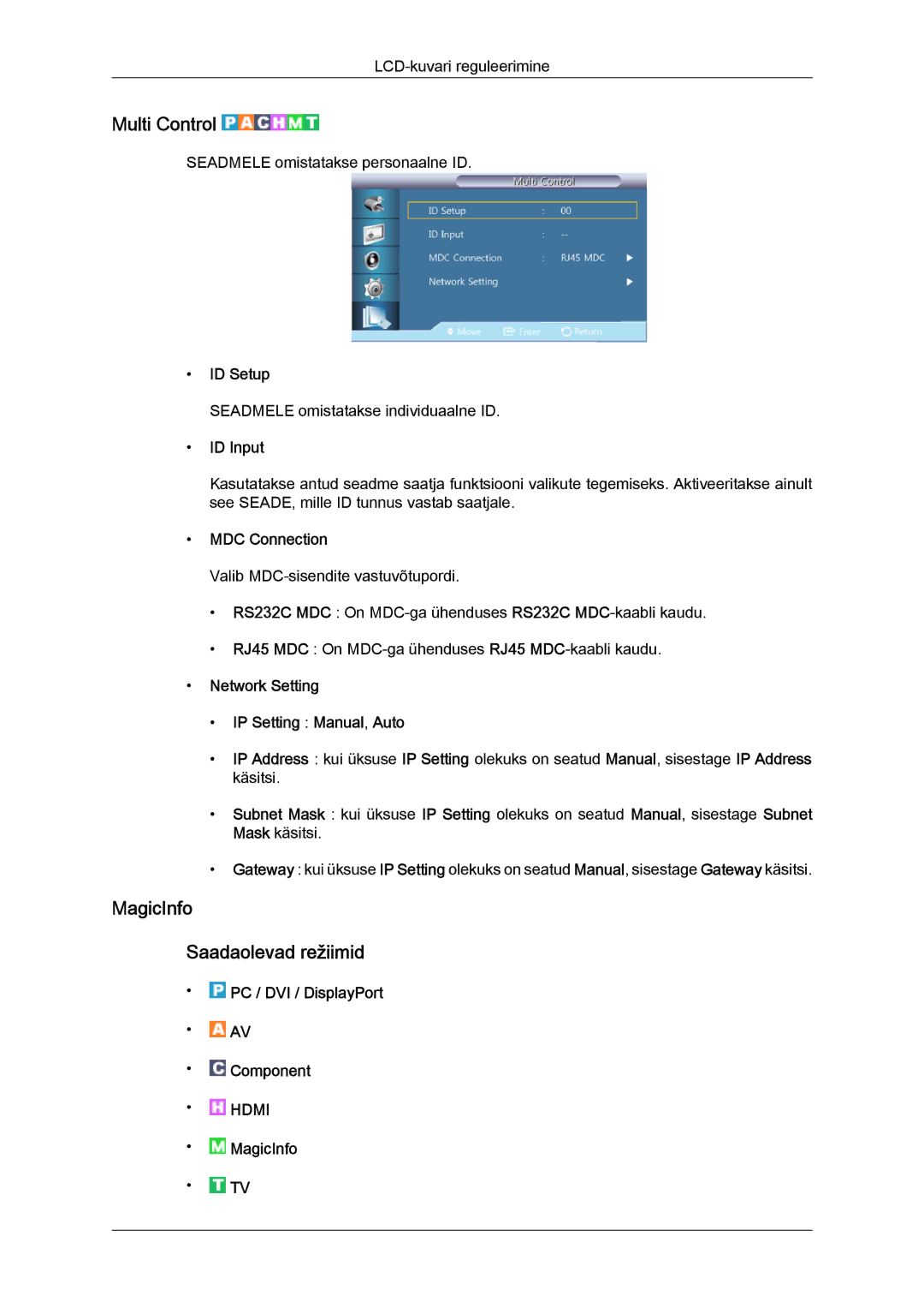 Samsung LH40HBPLBC/EN, LH46HBPLBC/EN manual Multi Control, MagicInfo Saadaolevad režiimid 