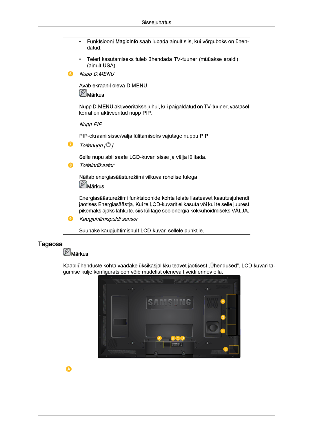 Samsung LH40HBPLBC/EN, LH46HBPLBC/EN manual Tagaosa 