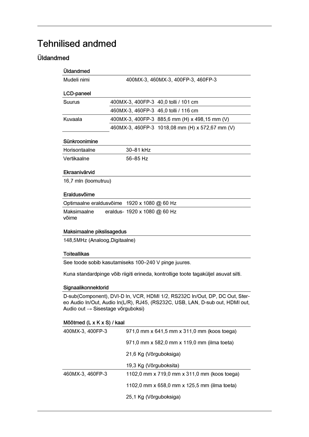 Samsung LH40HBPLBC/EN, LH46HBPLBC/EN manual Üldandmed 