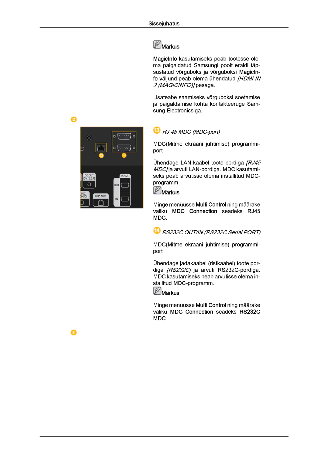 Samsung LH46HBPLBC/EN, LH40HBPLBC/EN manual RJ 45 MDC MDC-port 