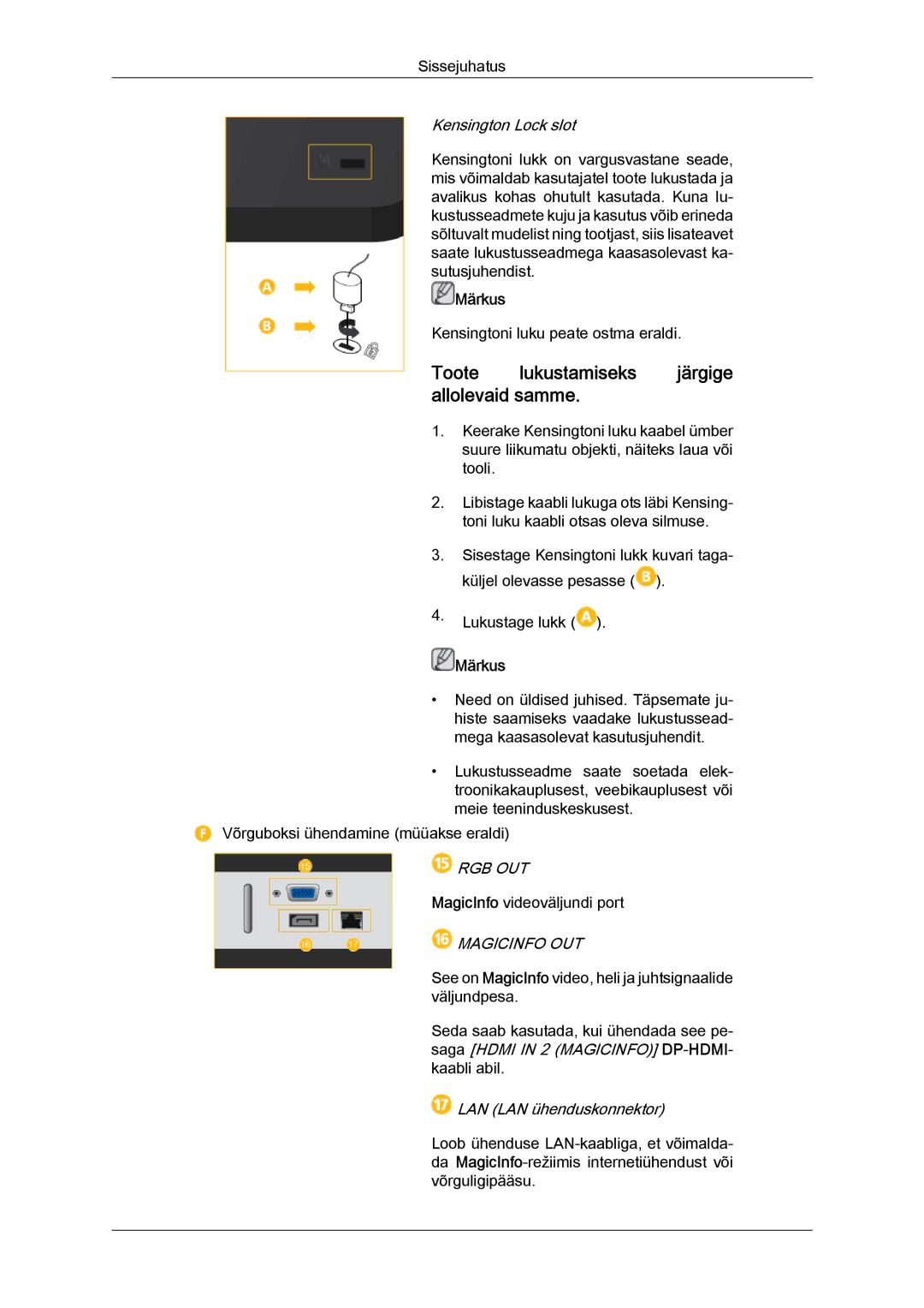 Samsung LH40HBPLBC/EN, LH46HBPLBC/EN manual Toote lukustamiseks järgige allolevaid samme, Kensington Lock slot 