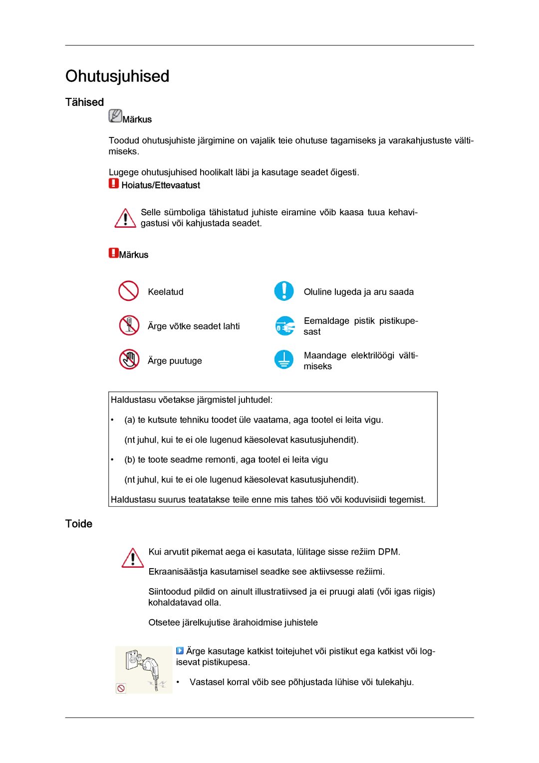 Samsung LH46HBPLBC/EN, LH40HBPLBC/EN manual Tähised, Toide, Märkus, Hoiatus/Ettevaatust 