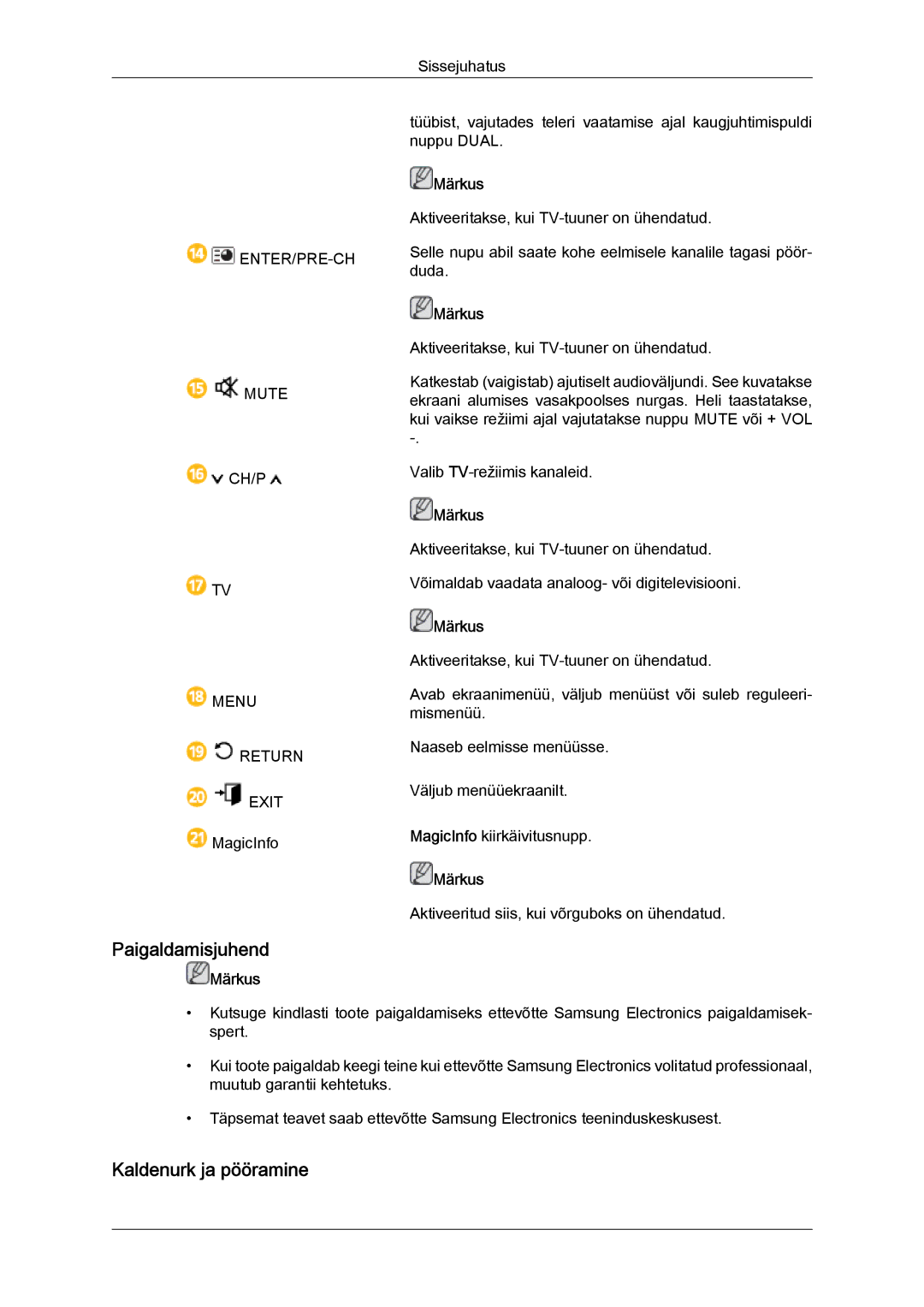 Samsung LH40HBPLBC/EN, LH46HBPLBC/EN manual Paigaldamisjuhend, Kaldenurk ja pööramine 