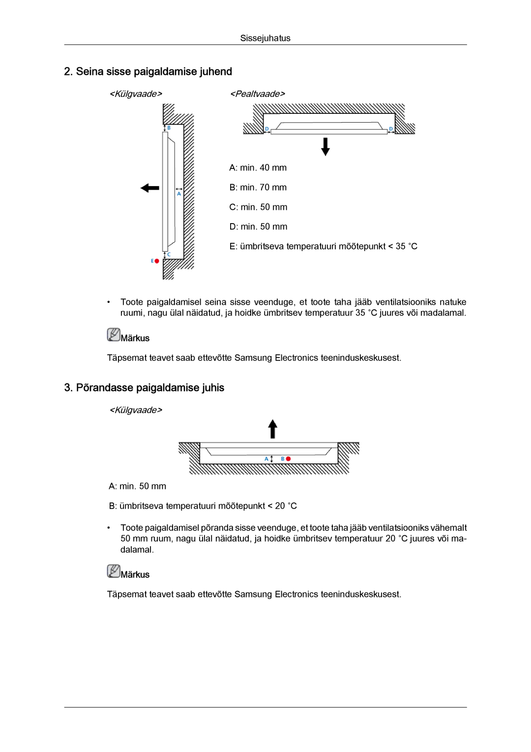 Samsung LH40HBPLBC/EN, LH46HBPLBC/EN manual Seina sisse paigaldamise juhend, Põrandasse paigaldamise juhis 