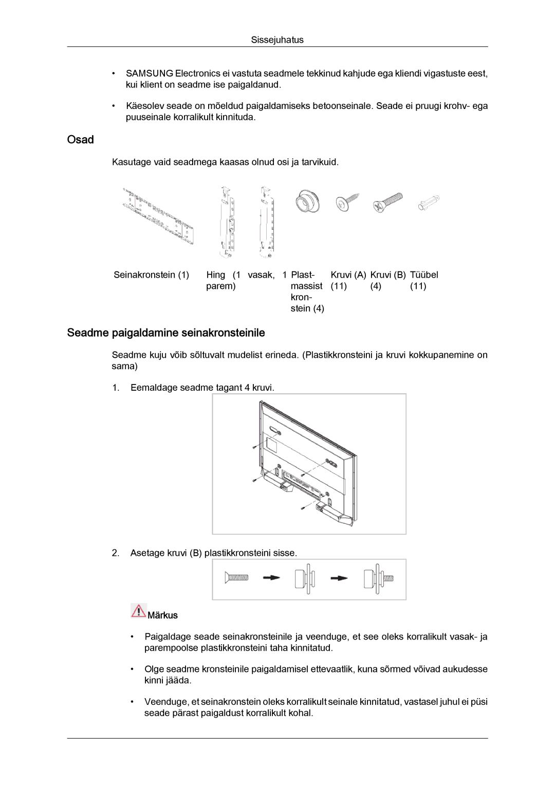 Samsung LH46HBPLBC/EN, LH40HBPLBC/EN manual Osad, Seadme paigaldamine seinakronsteinile 