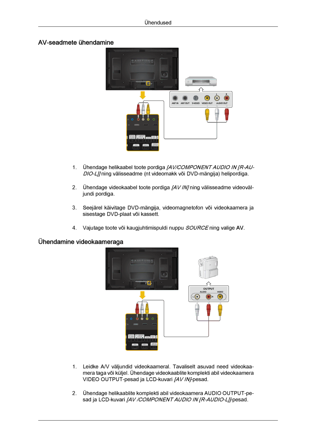 Samsung LH46HBPLBC/EN, LH40HBPLBC/EN manual AV-seadmete ühendamine, Ühendamine videokaameraga 