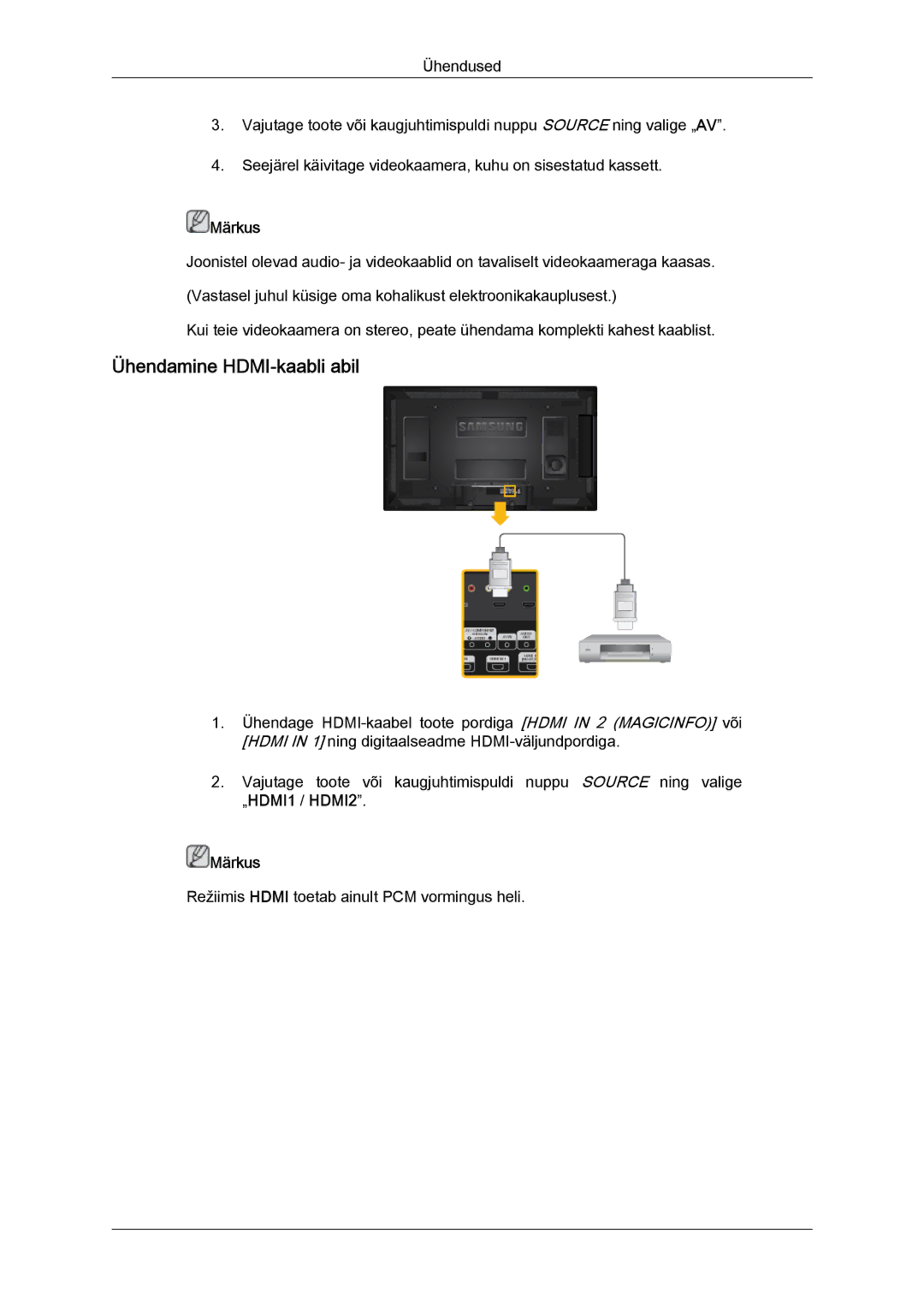 Samsung LH40HBPLBC/EN, LH46HBPLBC/EN manual Ühendamine HDMI-kaabli abil 