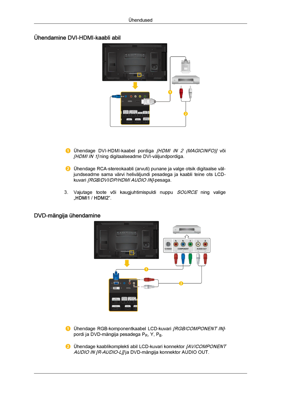 Samsung LH46HBPLBC/EN, LH40HBPLBC/EN manual Ühendamine DVI-HDMI-kaabli abil, DVD-mängija ühendamine 