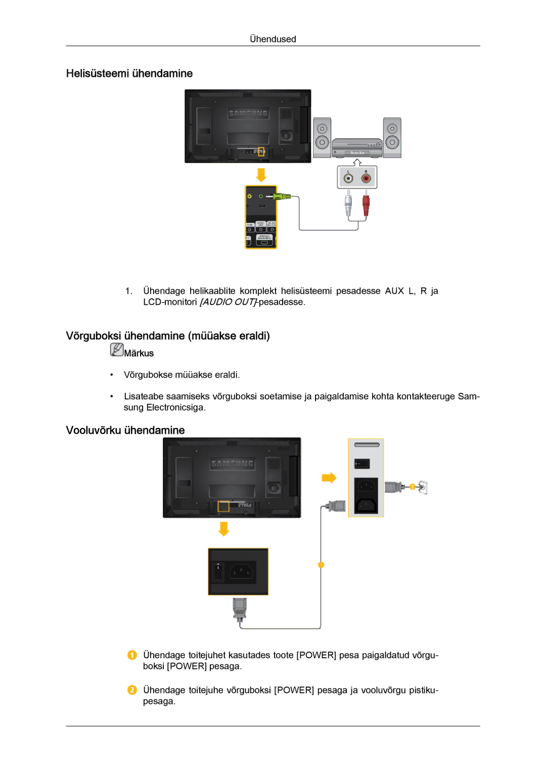 Samsung LH46HBPLBC/EN, LH40HBPLBC/EN Helisüsteemi ühendamine, Võrguboksi ühendamine müüakse eraldi, Vooluvõrku ühendamine 