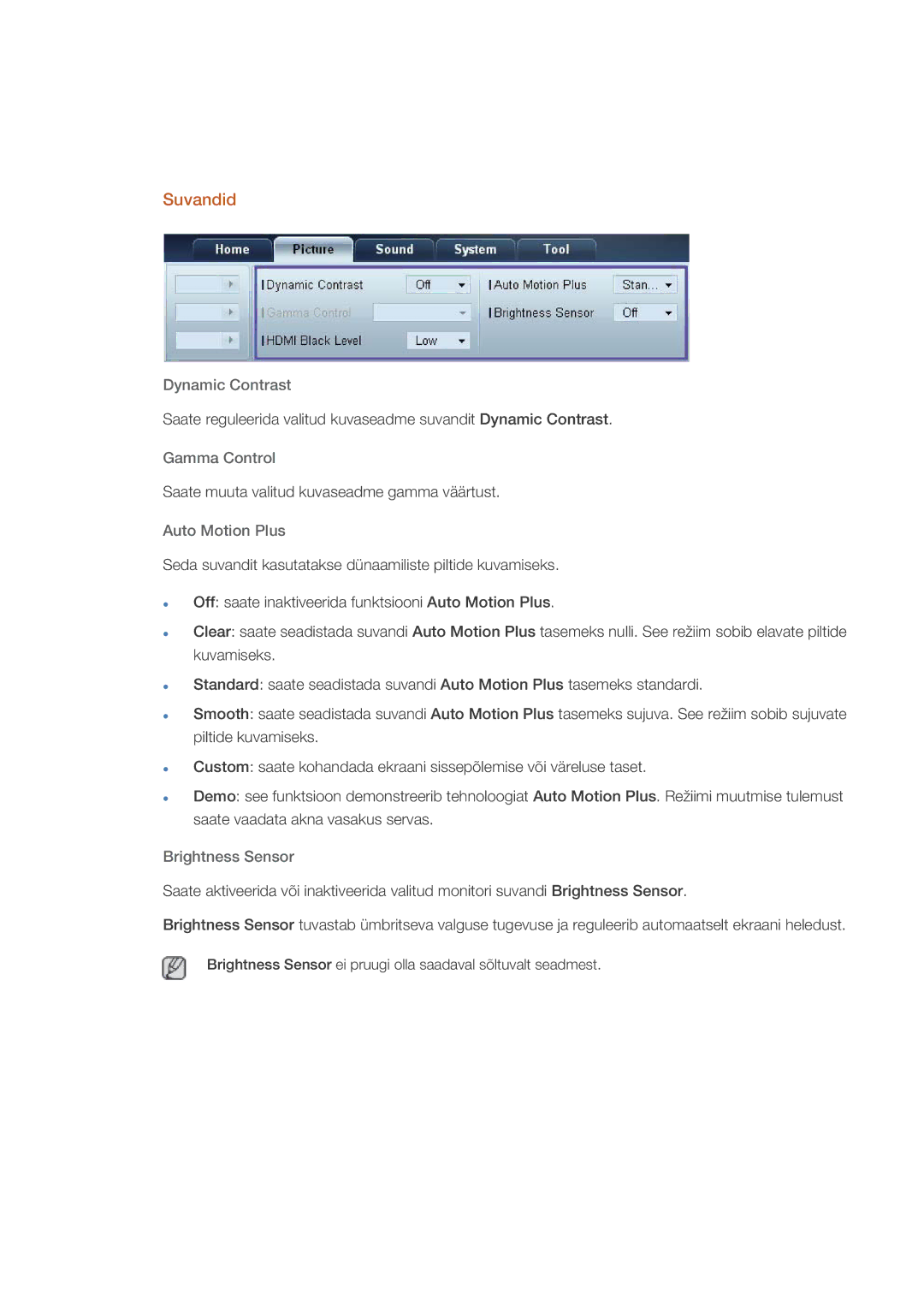 Samsung LH46HBPLBC/EN, LH40HBPLBC/EN manual Suvandid, Dynamic Contrast, Gamma Control, Auto Motion Plus, Brightness Sensor 