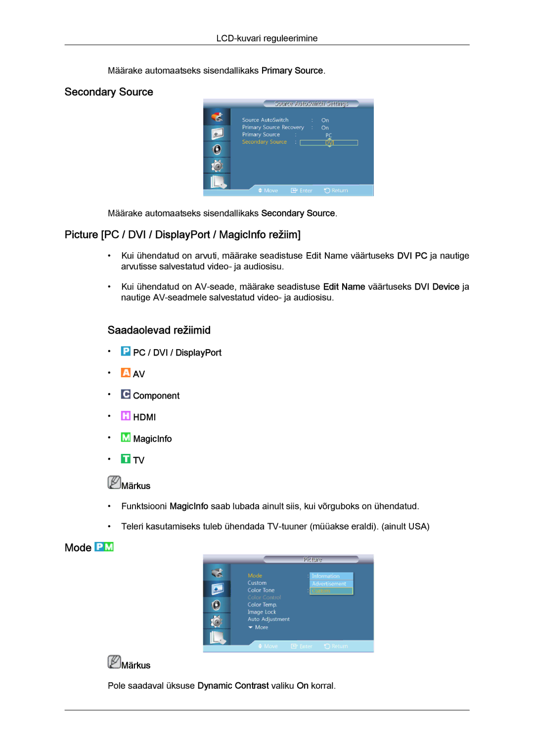 Samsung LH40HBPLBC/EN, LH46HBPLBC/EN manual Secondary Source, Picture PC / DVI / DisplayPort / MagicInfo režiim, Mode 