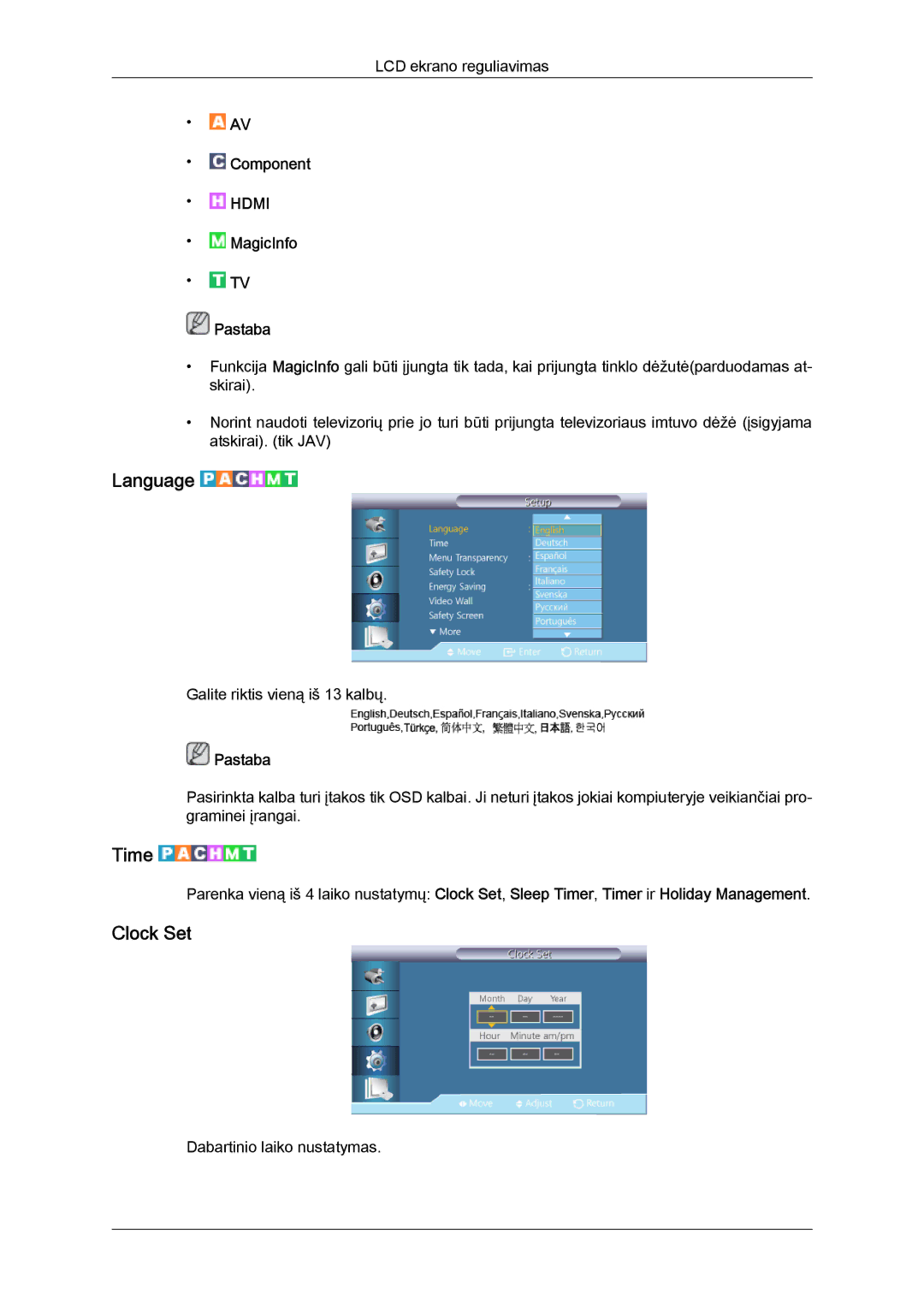 Samsung LH46HBPLBC/EN, LH40HBPLBC/EN manual Language, Time, Clock Set 