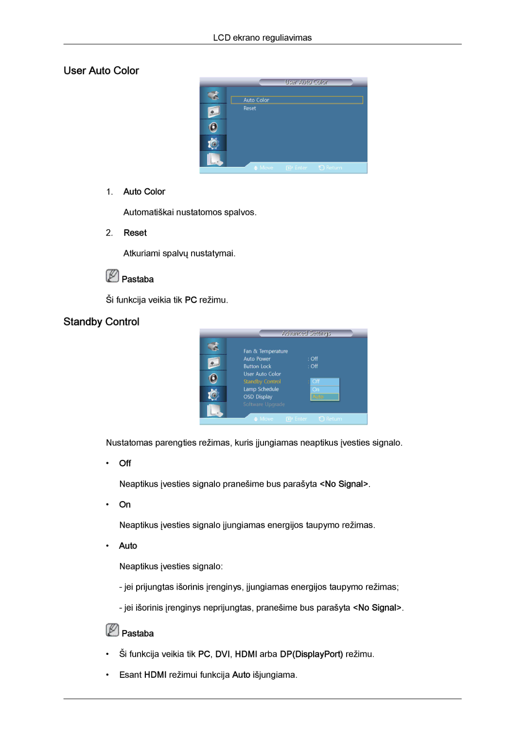 Samsung LH40HBPLBC/EN, LH46HBPLBC/EN manual User Auto Color, Standby Control, Reset 