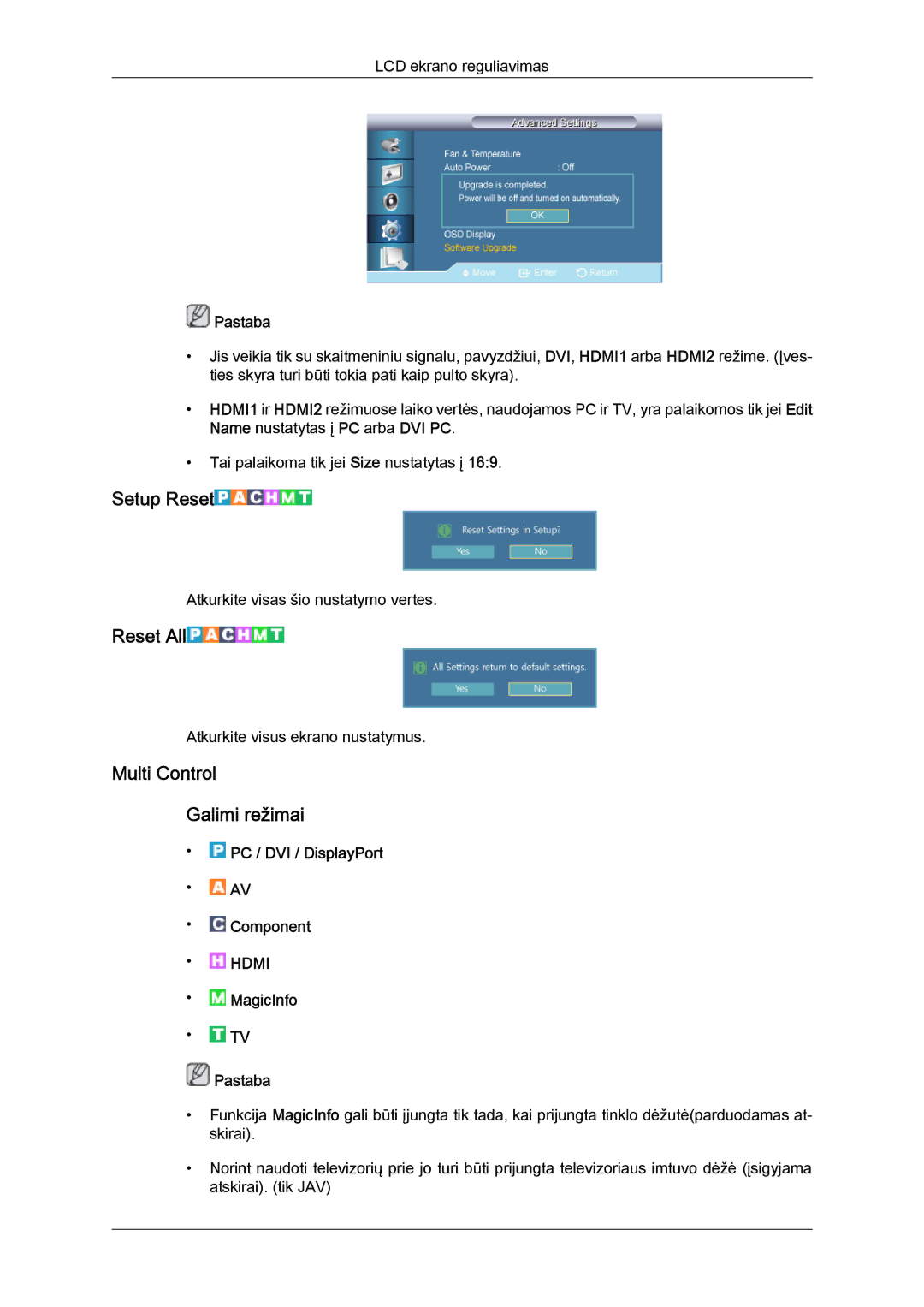 Samsung LH46HBPLBC/EN, LH40HBPLBC/EN manual Setup Reset, Reset All, Multi Control Galimi režimai 